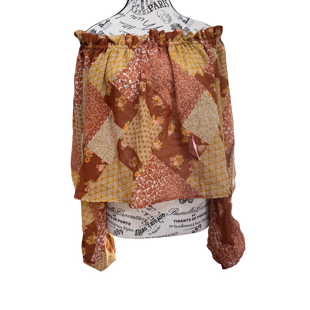 Boho Patchwork Cropped Top Off Shoulder Split Back Sheer Blouse